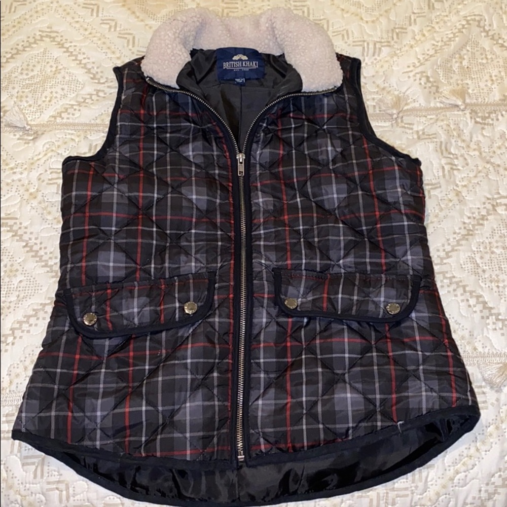BRITISH KHAKI PLAID PUFFER VEST W FUR COLLAR